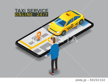 Taxi service isometric. Man near smartphone screen with city map route and points location yellow car. Online mobile application order taxi service. Vector illustration for taxi service advertisement Taxi service isometric. Man near smartphone screen with city map route and points location yellow car. Online mobile application order taxi service. Vector illustration for taxi service advertisement 60202102