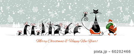 Christmas card with funny mouse with Cat and Santa in winter forest, symbol of 2020 year Christmas card with funny mouse with Cat and Santa in winter forest, symbol of 2020 year 60202466