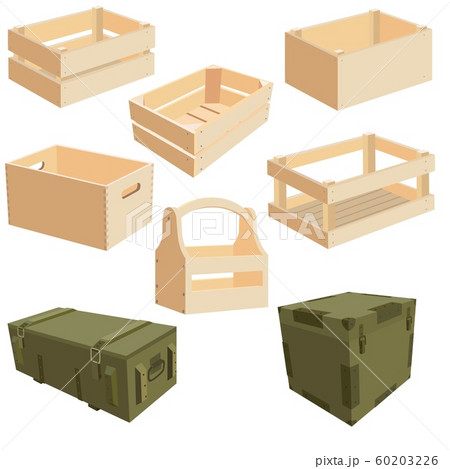 Set of isolated wooden packages or wood and army boxes 60203226