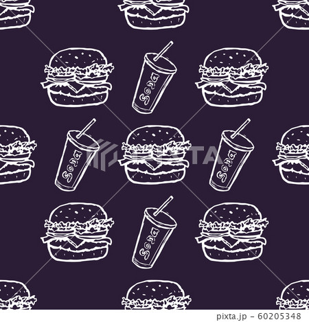 Hand Drawn Burger and Soda Drink Seamless Pattern Background. Vector 60205348