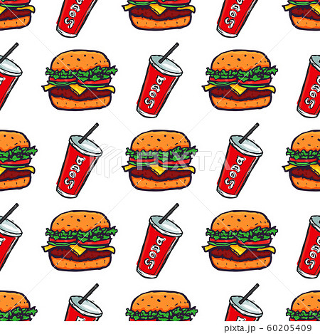 Hand Drawn Burger and Soda Drink Seamless Pattern Background. Vector 60205409