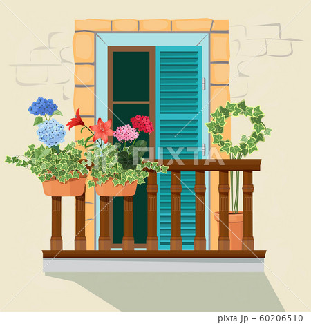 Balcony flowers. House facade window and decorative plants pots grow windowsill funny spring sunlight home appartment vector background Balcony flowers. House facade window and decorative plants pots grow windowsill funny spring sunlight home appartment vector background 60206510