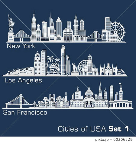 Cities of USA - New York, Los Angeles, San Francisco. Detailed architecture. Trendy vector illustration. Cities of USA - New York, Los Angeles, San Francisco. Detailed architecture. Trendy vector illustration. 60206529