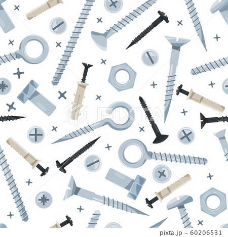 Screw pattern. Nails vise iron tools for construction fixing screws instruments for builders textile design vector seamless backgound Screw pattern. Nails vise iron tools for construction fixing screws instruments for builders textile design vector seamless backgound 60206531