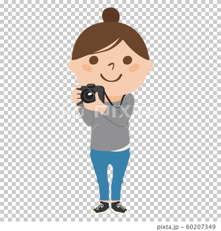 Occupation illustration. Female photographer. A woman taking a photo with a smile. 60207349