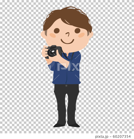 職業のイラスト 男性のカメラマン 笑顔で写真を撮っている男性 のイラスト素材