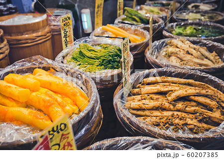Various pickled vegetables at Nishiki market, Kyoto, Japan Various pickled vegetables at Nishiki market, Kyoto, Japan 60207385
