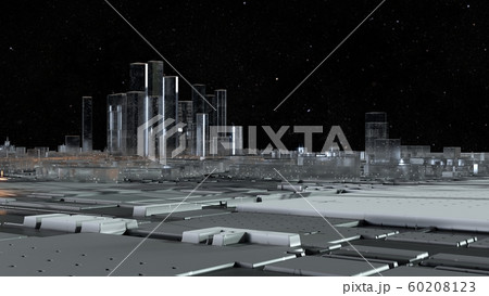 3D city of glass with luminous roads. Starry sky 60208123