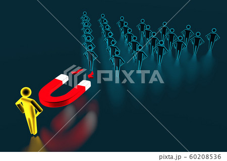 Close-up attracting blue Human Figures With Horseshoe Magnet On blue Background. 3D rendering Close-up attracting blue Human Figures With Horseshoe Magnet On blue Background. 3D rendering 60208536