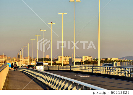 青空と白い湘南大橋とカップルの写真素材