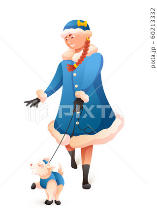 Girl In Snow Maiden Costume Leading Dog On Whiteのイラスト素材