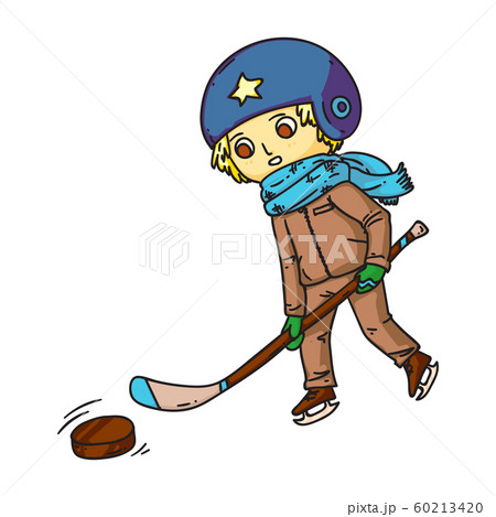 Hockey player with club and puck illustration. Shinnying little boy cartoon character isolated on white background. Child playing hockey, kid athlete on ice rink. Winter sport concept. 60213420