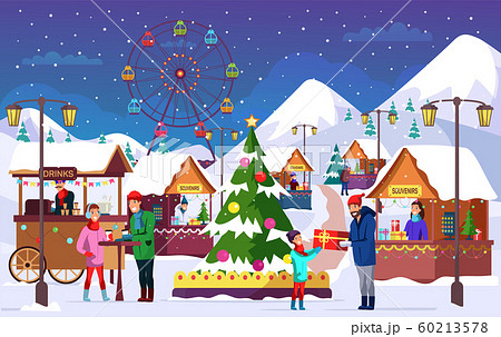 People at Christmas fair flat vector illustration. Outdoor entertainment festival, holiday celebration. Amusement park. Families cartoon characters at funfair. 60213578