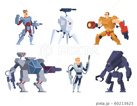 Robots warriors. Characters in exoskeleton brutal future soldiers technology android with guns vector cartoon mascot 60213625