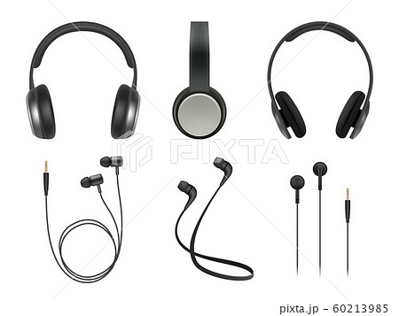 Music earphones. Quality electronic items stereo headphones technology vector realistic pictures 60213985