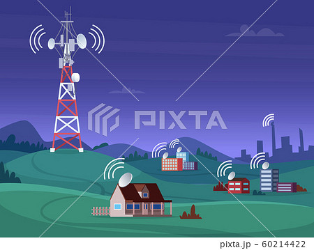 Landscape wireless tower. Satelite antena mobile coverage television radio cellular digital signal vector illustration 60214422