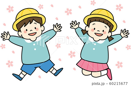 スモック姿の幼稚園児 ジャンプ 桜背景 のイラスト素材