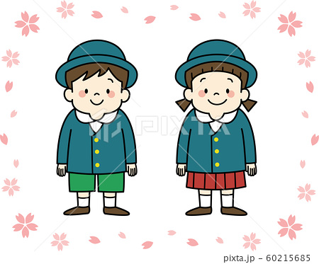 入園式の幼稚園児 制服 桜フレーム のイラスト素材