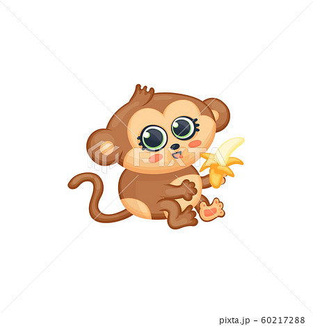 Cute baby monkey eating a banana - brown... - Stock Illustration [60217288]  - PIXTA