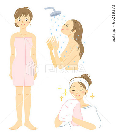 女性のバスタイム 入浴前 シャワー 湯上り のイラスト素材