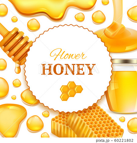 Honey background. Realistic frame with honeycomb and sticky golden honey farm fresh food splashes vector picture with place for text 60221802