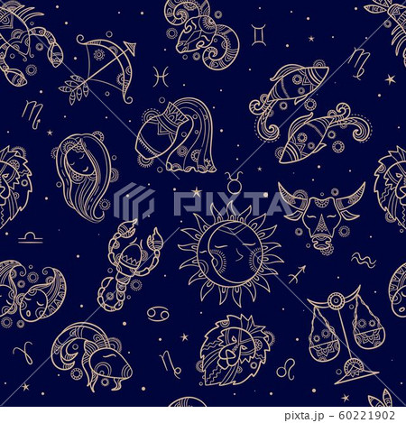 Astronomy seamless. Drawn zodiac symbols textile pattern design horoscope concept fish taurus lion gemini scorpion vector astronomy 60221902