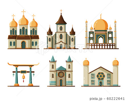 Religion buildings flat. Lutheran and christian church muslim mosque architectural traditional buildings Religion buildings flat. Lutheran and christian church muslim mosque architectural traditional buildings 60222641