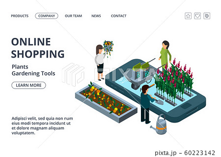 Gardening tools, plants and flowers online shop. Vector isometric online gardening landing page template 60223142