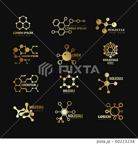 Golden molecular vector logotypes. Evolution concept formula chemistry genetic technology icons set 60223238