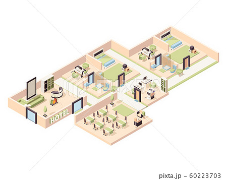Hotel interior. Modern luxury hotel rooms lounge zone pool comfortable restaurant bathroom parking vector isometric 60223703