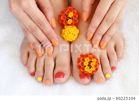 Female feet and hands with colorful manicure 60225104