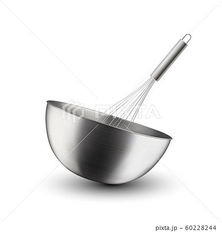 Vector 3d Realistic Steel, Chrome, Silver Metal Hemisphere Circle Bowl and Whisk Closeup Isolated on White Background. Utensils for Kitchens. Design Template, Health Food and Drink Concept Vector 3d Realistic Steel, Chrome, Silver Metal Hemisphere Circle Bowl and Whisk Closeup Isolated on White Background. Utensils for Kitchens. Design Template, Health Food and Drink Concept 60228244