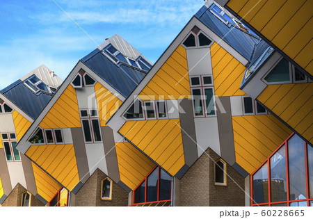 Roterrdam, The Netherlands - December 01, 2019: View from below on the famous cube house designed by architect Piet Blom in Rotterdam Roterrdam, The Netherlands - December 01, 2019: View from below on the famous cube house designed by architect Piet Blom in Rotterdam 60228665