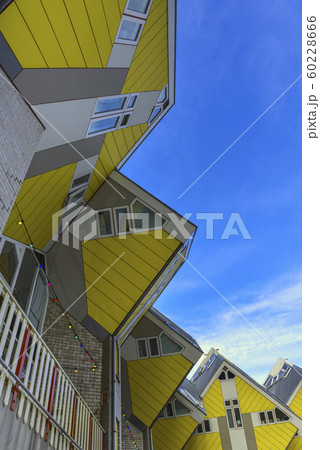 Roterrdam, The Netherlands - December 01, 2019: View from below on the famous cube house designed by architect Piet Blom in Rotterdam Roterrdam, The Netherlands - December 01, 2019: View from below on the famous cube house designed by architect Piet Blom in Rotterdam 60228666