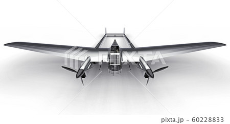 Three-dimensional model of the bomber aircraft of the second world war. Shiny aluminum body with two tails and wide wings. Turboprop engine. Shiny gray airplane on a white background. 3d illustration. 60228833