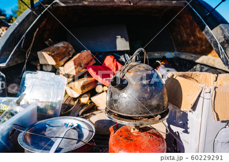 Water Boiling on burner, cooking food outdoor on gas jet 60229291