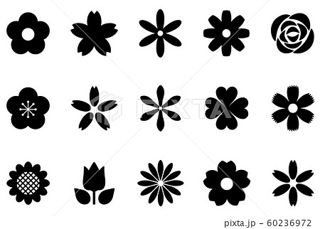 白黒の花のアイコンセットのイラスト素材