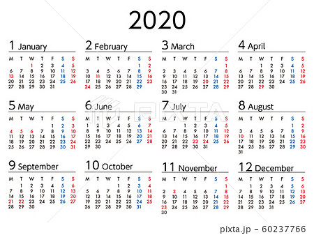 2020年カレンダー月曜始まりa4比率横長のイラスト素材 60237766 Pixta