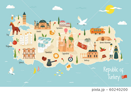 Turkey illustrated map with famous landmarks icons 60240200