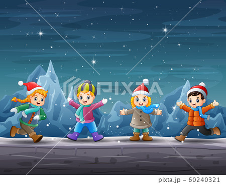 Happy children playing in winter scene Happy children playing in winter scene 60240321