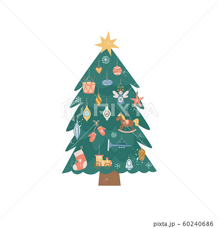 Decorated vintage Christmas tree with colorful retro ornaments 60240686