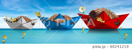 Paper fishing boats with fishing nets in the turquoise sea Paper fishing boats with fishing nets in the turquoise sea 60241219
