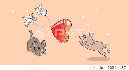 Banner cat characters are catching birds who are dragging heart 60244187