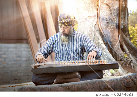 Asian old man playing kecapi with tree background Asian old man playing kecapi with tree background 60244633