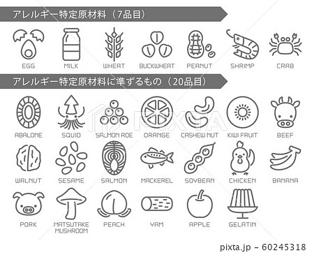 食物アレルギー 特定原材料 アイコンセットのイラスト素材