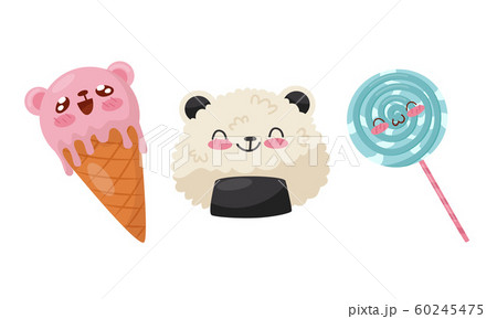 Cute Food in Kawaii Style Set, Delicious Dishes with Smiling Faces Vector Illustration 60245475