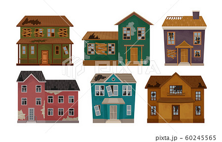 Old Abandoned Houses Collection, Facades of One Storey and Two Storey Buildings with Broken Windows and Roof Vector Illustration 60245565