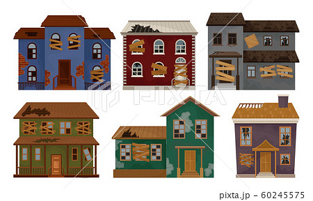 Abandoned Houses Collection, Old Facades of One Storey and Two Storey Buildings Vector Illustration 60245575