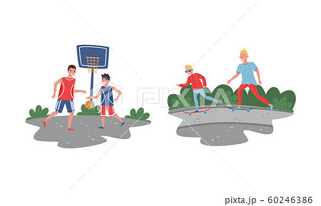 Father and His Teenage Son Spending Good Time Together Set, Father and Son Playing Basketbal and Scateboarding Vector Illustration Father and His Teenage Son Spending Good Time Together Set, Father and Son Playing Basketbal and Scateboarding Vector Illustration 60246386