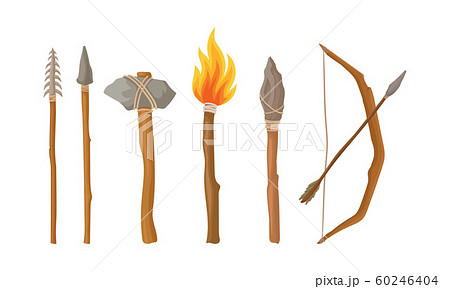 Collection of Stone Age Tools and Weapon, Primitive Prehistoric Hunter Equipment Vector Illustration 60246404